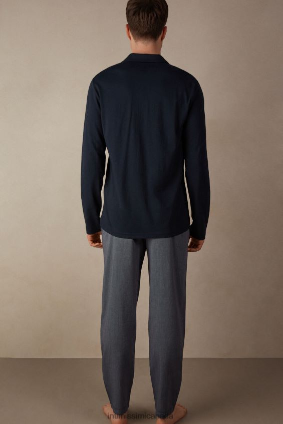 Apparel CA Intimissimi Men Cotton Ribbed Pique Pattern Open Full-Length Pyjamas 800-Midnight Blue DD6R6T300 - Image 3