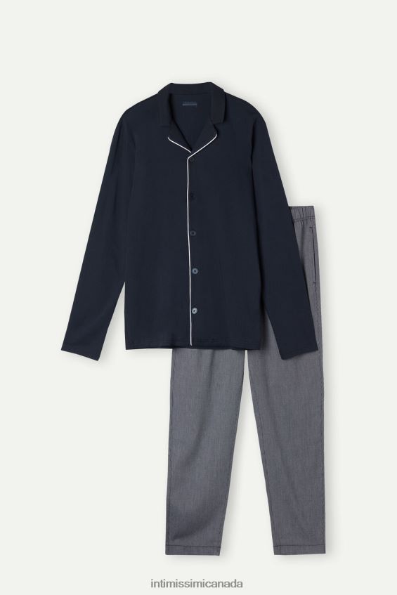 Apparel CA Intimissimi Men Cotton Ribbed Pique Pattern Open Full-Length Pyjamas 800-Midnight Blue DD6R6T300 - Image 4