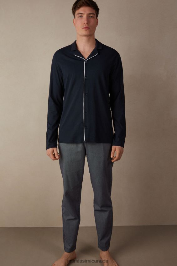 Apparel CA Intimissimi Men Cotton Ribbed Pique Pattern Open Full-Length Pyjamas 800-Midnight Blue DD6R6T300 - Image 1