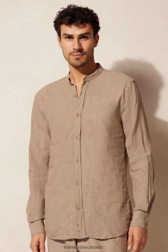 Apparel CA Intimissimi Men Linen and Cotton Mandarin-Collar Shirt 295J-Tobacco DD6R6T162 - Image 1