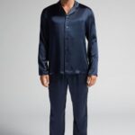 Apparel CA Intimissimi Men Long Silk Pyjamas With Piping 800-Midnight Blue DD6R6T308
