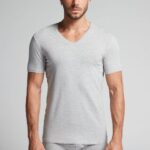 Apparel CA Intimissimi Men Stretch Supima Cotton T-Shirt with V Neck 031-Light Grey Melange DD6R6T284