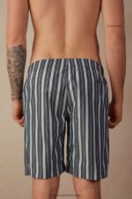 Apparel CA Intimissimi Men Striped Plain-Weave Cotton Shorts 303J-Multi-Stripe Dark Blue Light Blue DD6R6T181 - Image 3