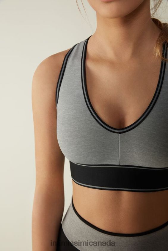 Underwear CA Intimissimi Women In Action Bra Top with Supima Cotton Lining 7539-Mid Grey Melange/Black DD6R6T742 - Image 3