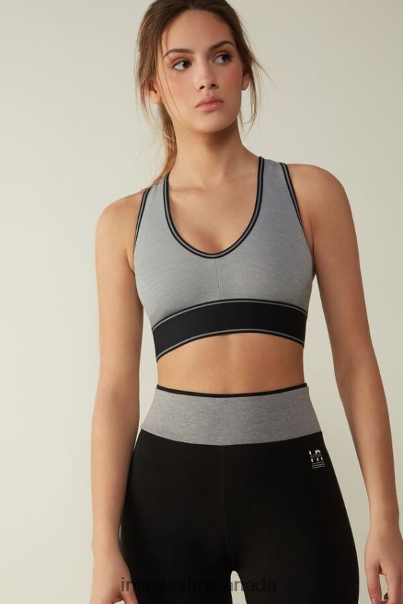 Underwear CA Intimissimi Women In Action Bra Top with Supima Cotton Lining 7539-Mid Grey Melange/Black DD6R6T742 - Image 1