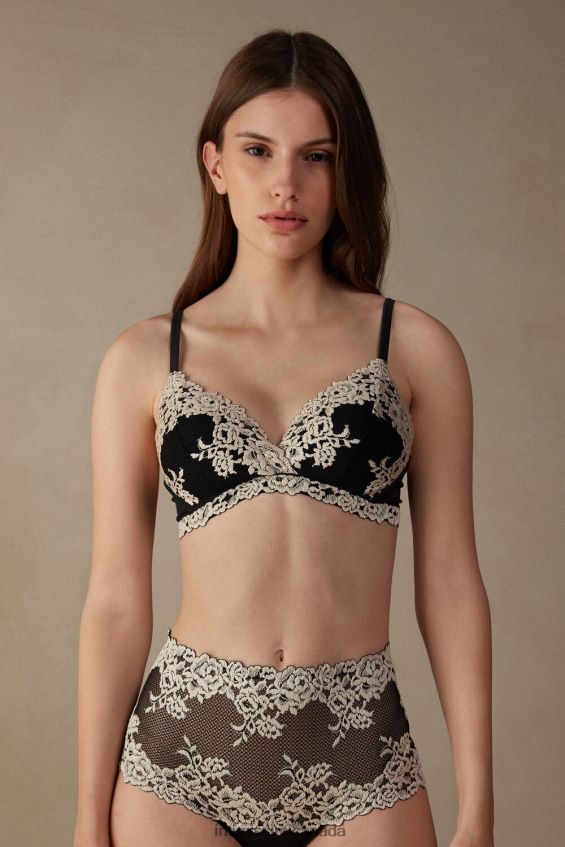 Underwear CA Intimissimi Women Pretty Flowers Lucia Triangle Bra 9887-Black/Ivory DD6R6T785 - Image 1
