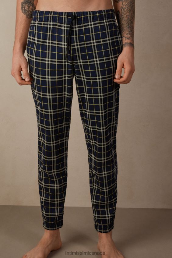 Apparel CA Intimissimi Men Blue Tartan Pattern Cotton Full-Length Pants 171J-Blue/Yellow Tartan Print DD6R6T195