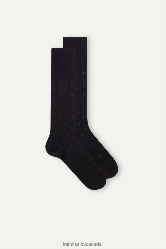 Socks CA Intimissimi Men Long Socks in Patterned Lisle Cotton 195J-Paper Boat-Print Black DD6R6T321