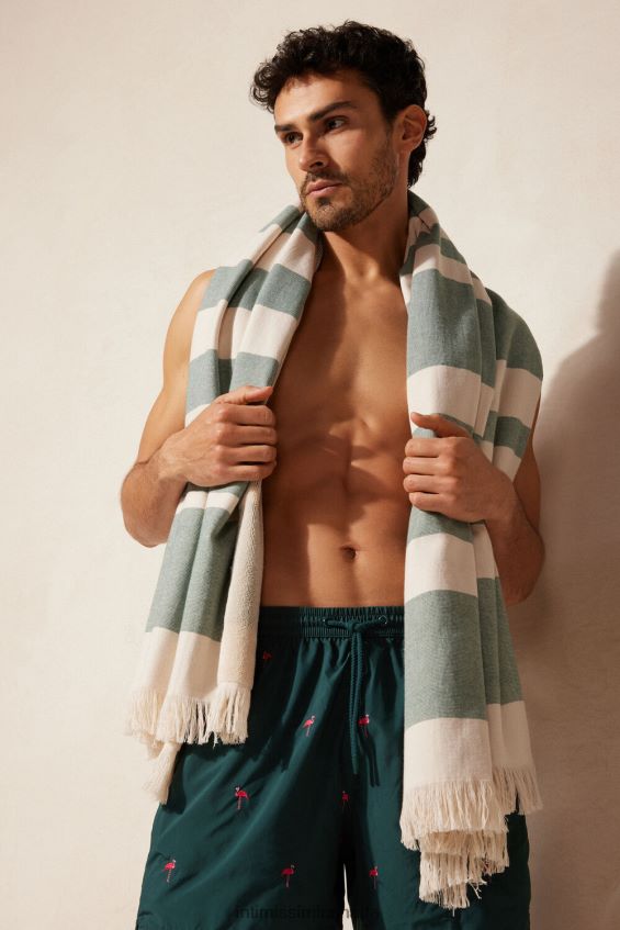Accessory CA Intimissimi Men Jacquard beach towel 284J-Dark Green/Cord Beige DD6R6T413