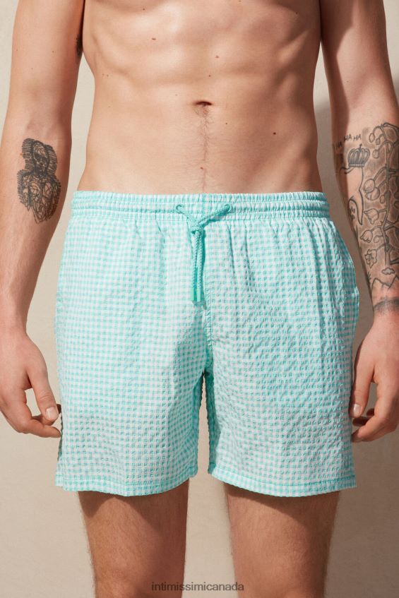 Apparel CA Intimissimi Men Gingham Seersucker Swim Shorts 938I-White/Light Aqua Green DD6R6T418