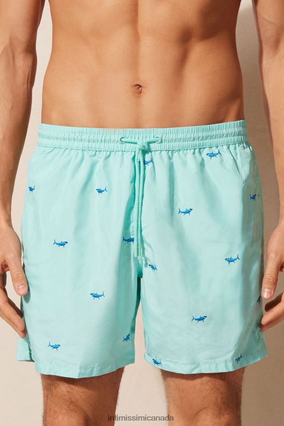 Apparel CA Intimissimi Men Shark-Embroidered Swim Shorts 256J-Shark Embroidery Aqua Green DD6R6T411