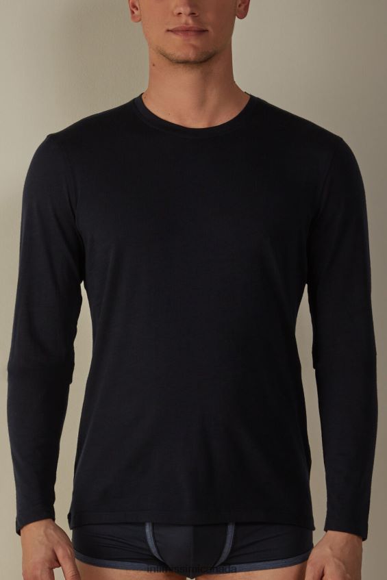 Apparel CA Intimissimi Men Long-sleeve Round-Neck Merino-Wool Top 800-Midnight Blue DD6R6T246