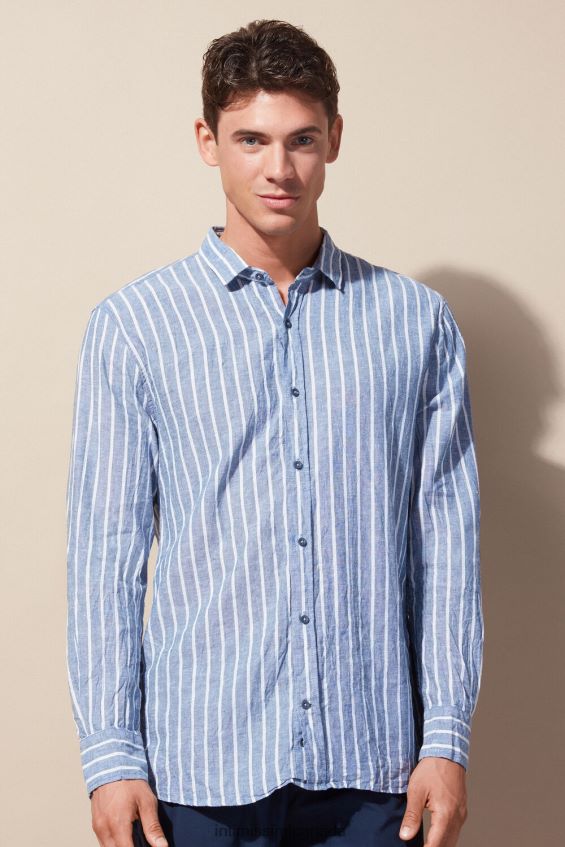 Apparel CA Intimissimi Men Blue Denim Striped Linen and Cotton Shirt 292J-Denim Blue/White Linen Stripes DD6R6T154