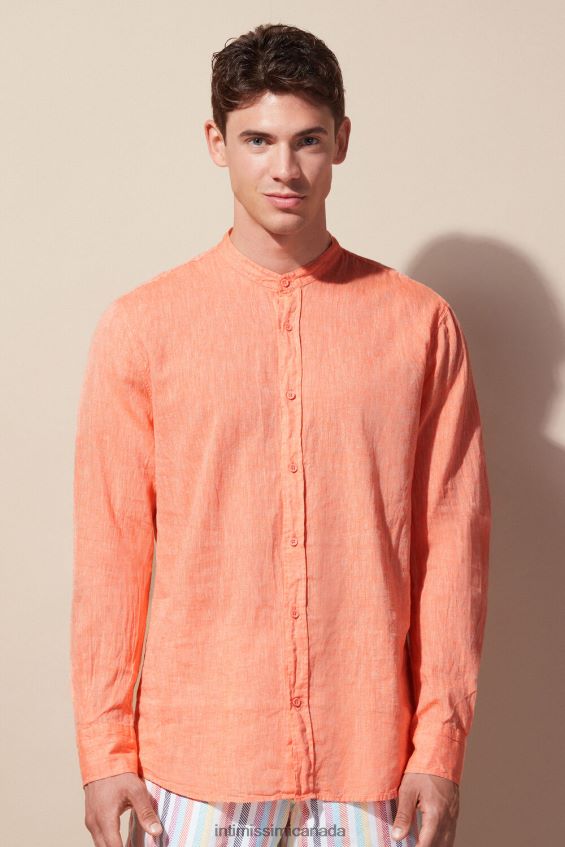 Apparel CA Intimissimi Men Linen and Cotton Mandarin-Collar Shirt 293J-Orange DD6R6T158