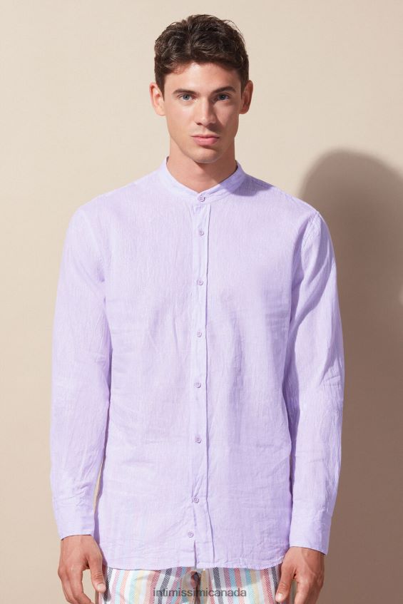 Apparel CA Intimissimi Men Linen and Cotton Mandarin-Collar Shirt 294J-Lilac DD6R6T156