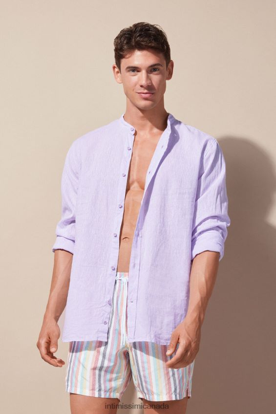 Apparel CA Intimissimi Men Linen and Cotton Mandarin-Collar Shirt 294J-Lilac DD6R6T156
