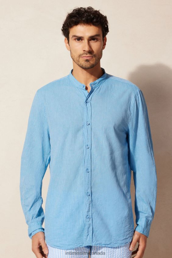 Apparel CA Intimissimi Men Linen and Cotton Mandarin-Collar Shirt 296J-Bright Blue DD6R6T169