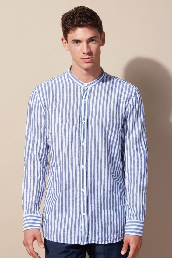 Apparel CA Intimissimi Men Striped Linen and Cotton Mandarin-Collar Shirt 297J-White Blue Stripes DD6R6T155