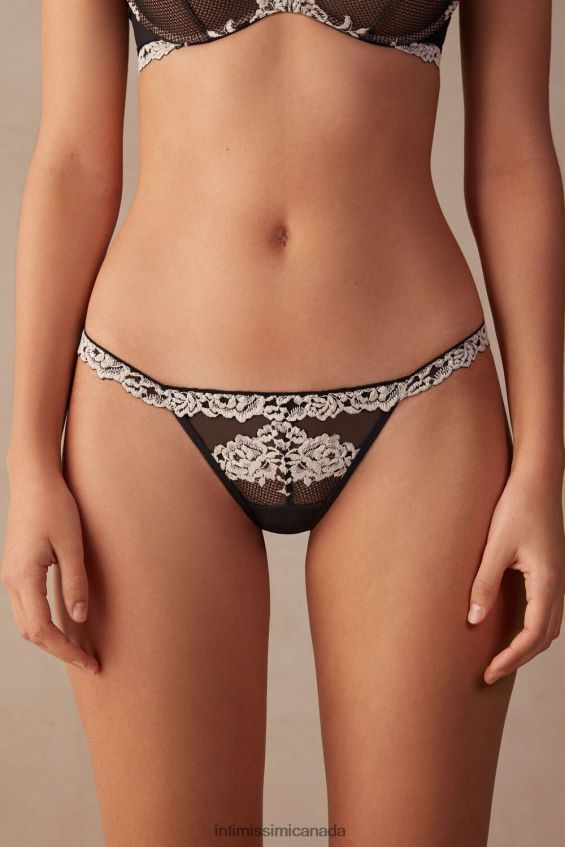 Underwear CA Intimissimi Women Pretty Flowers Thong with Side Straps 9887-Black/Ivory DD6R6T1168