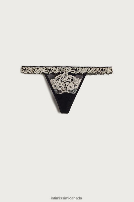 Underwear CA Intimissimi Women Pretty Flowers Thong with Side Straps 9887-Black/Ivory DD6R6T1168