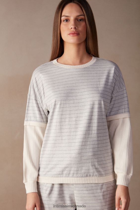 Apparel CA Intimissimi Women Casual Sunday Long-Sleeved Top 224J-Grey Melange/Vanilla Beige Stripe DD6R6T1559