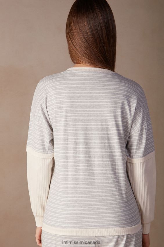 Apparel CA Intimissimi Women Casual Sunday Long-Sleeved Top 224J-Grey Melange/Vanilla Beige Stripe DD6R6T1559