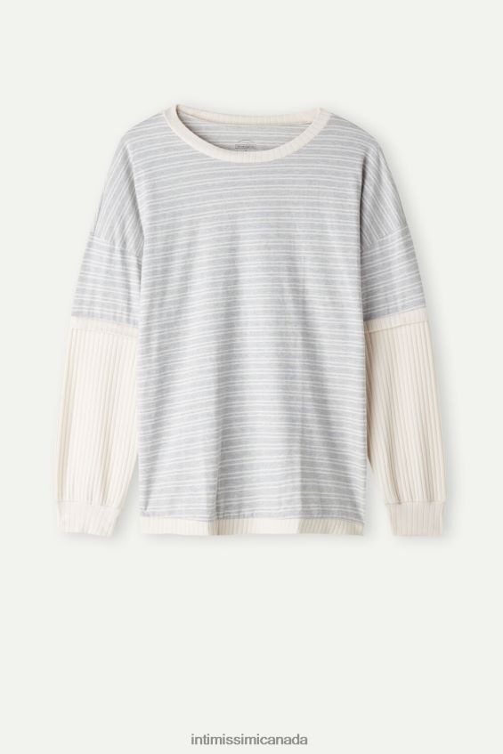 Apparel CA Intimissimi Women Casual Sunday Long-Sleeved Top 224J-Grey Melange/Vanilla Beige Stripe DD6R6T1559