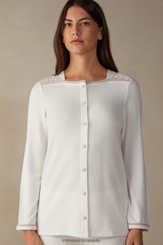 Apparel CA Intimissimi Women Romantic Bedroom Modal with Wool Button-Down Top 157J-Powder White/Antique Pink DD6R6T1589