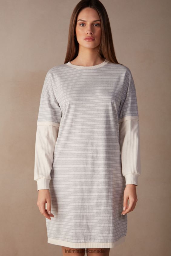 Apparel CA Intimissimi Women Casual Sunday Long-Sleeved Nightdress 224J-Grey Melange/Vanilla Beige Stripe DD6R6T1561