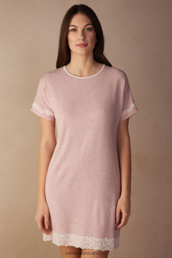 Apparel CA Intimissimi Women Short-Sleeved Nightdress with Lace Details 008J-Light Pink Melange DD6R6T1542