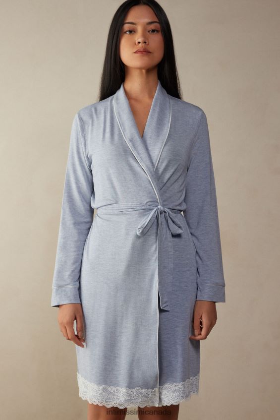 Apparel CA Intimissimi Women Modal Robe with Lace Detail 009J-Light Blue Melange DD6R6T1604