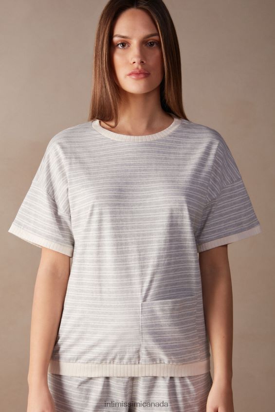 Apparel CA Intimissimi Women Casual Sunday Short-Sleeved Top 224J-Grey Melange/Vanilla Beige Stripe DD6R6T1560