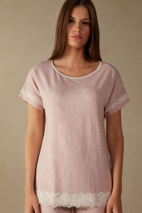 Apparel CA Intimissimi Women Short-Sleeve Modal Top with Lace Detail 008J-Light Pink Melange DD6R6T1636