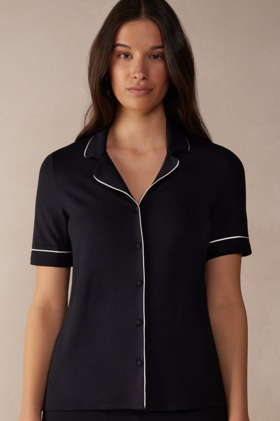 Apparel CA Intimissimi Women Short-Sleeved Button-Down Modal Top 019-Black DD6R6T1536