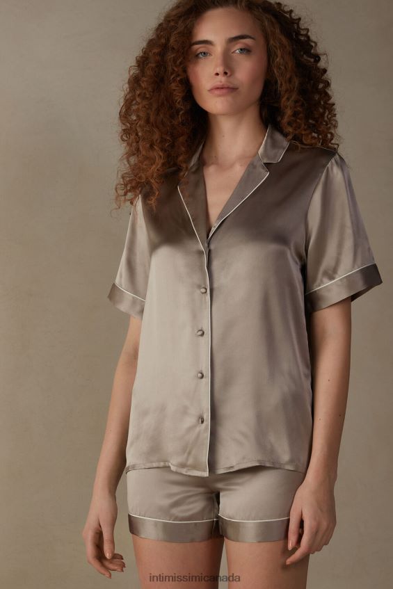 Apparel CA Intimissimi Women Short-Sleeved Satin Shirt with Contrasting Trim 651I-Powder Beige DD6R6T1638