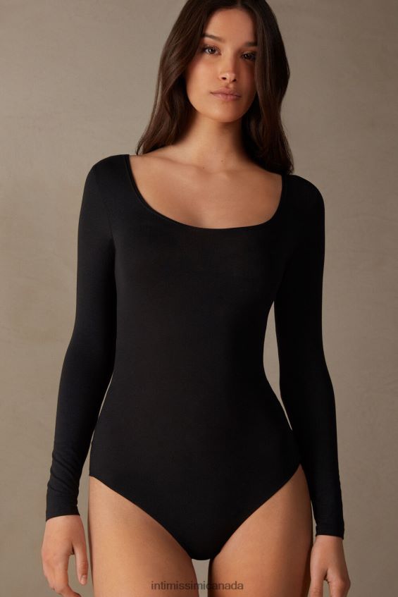 Apparel CA Intimissimi Women Long-Sleeve Modal Bodysuit with Scoop Neck 019-Black DD6R6T1465