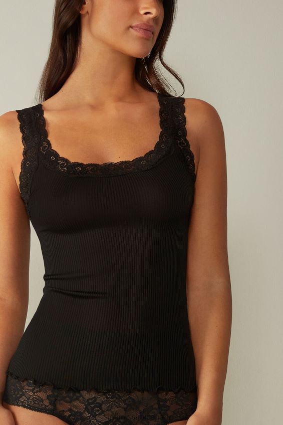 Apparel CA Intimissimi Women Silk Top with Lace Neckline 019-Black DD6R6T1476