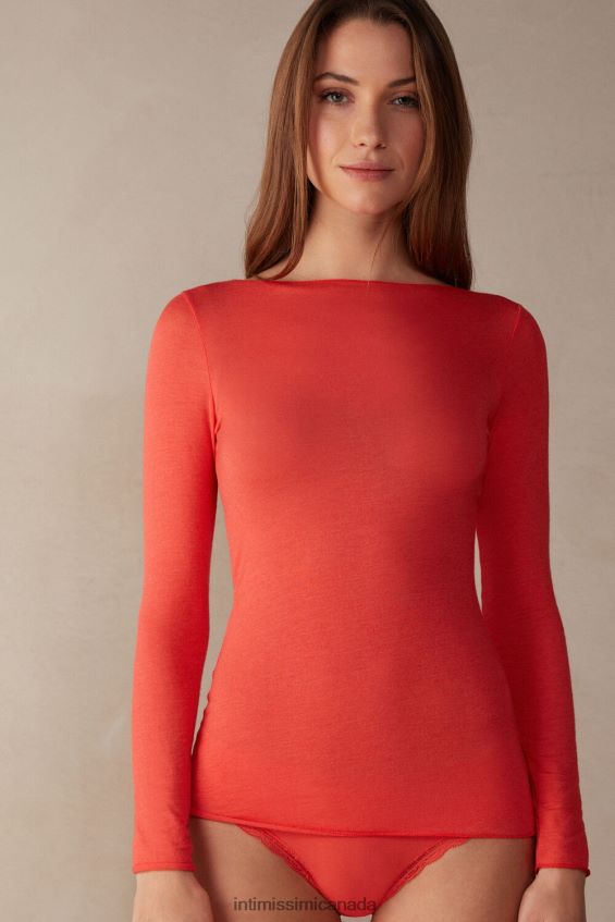 Apparel CA Intimissimi Women Boat Neck Modal Cashmere Ultralight Jumper 219J-Flame Scarlet DD6R6T1331