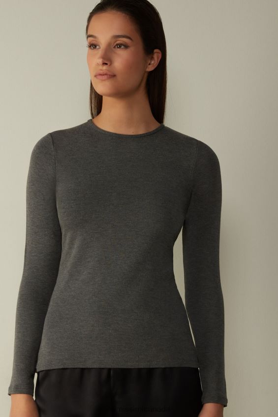 Apparel CA Intimissimi Women Long Sleeve Crewneck Top in Plush Modal with Cashmere 5227-Charcoal Grey Melange DD6R6T1379