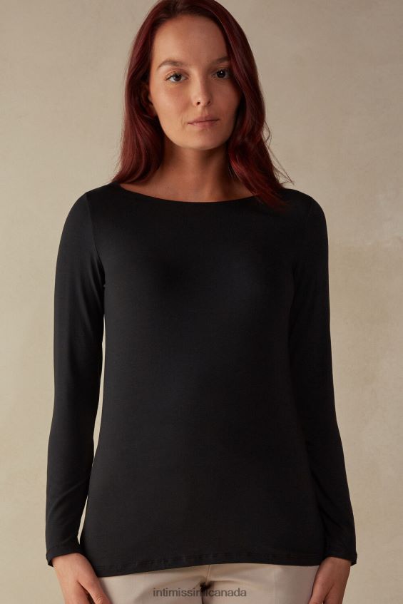 Apparel CA Intimissimi Women Long-Sleeved Boat-Neck Micromodal Top 019-Black DD6R6T1359
