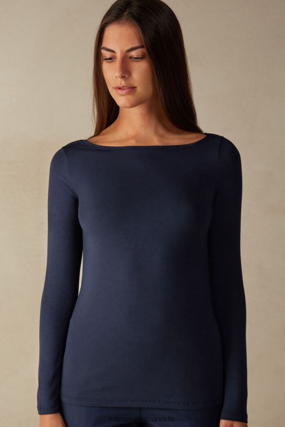 Apparel CA Intimissimi Women Long-Sleeved Boat-Neck Micromodal Top 1467-Intense Blue DD6R6T1358