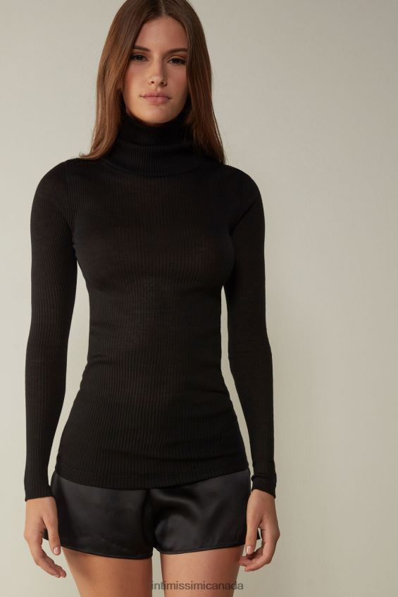 Apparel CA Intimissimi Women Long-sleeve High-Neck Tubular Top in Wool and Silk 019-Black DD6R6T1448