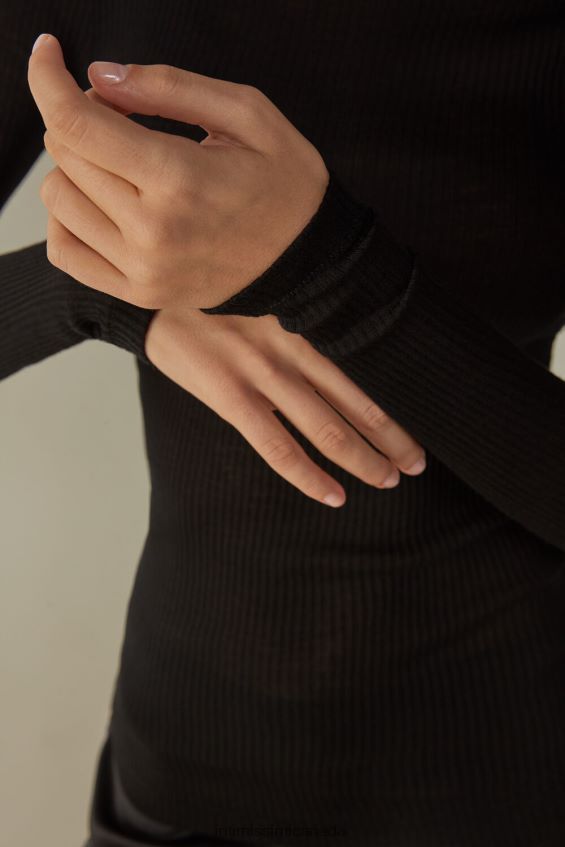 Apparel CA Intimissimi Women Long-sleeve High-Neck Tubular Top in Wool and Silk 019-Black DD6R6T1448