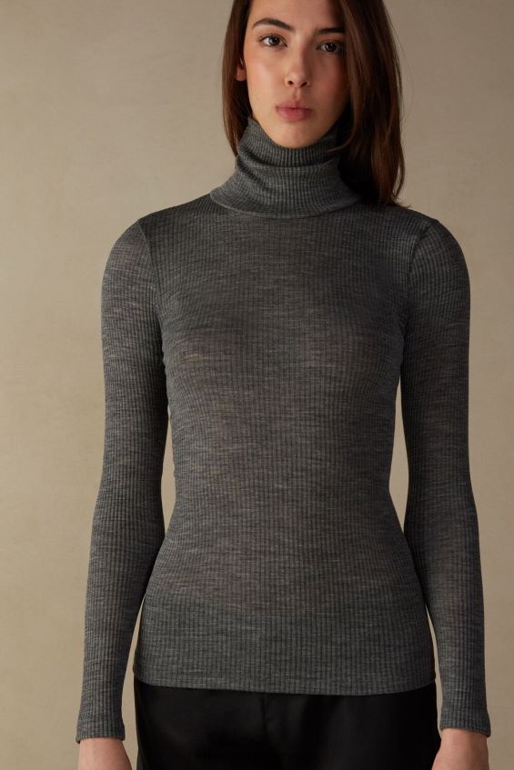 Apparel CA Intimissimi Women Long-sleeve High-Neck Tubular Top in Wool and Silk 7481-Aluminium Grey Blend DD6R6T1445