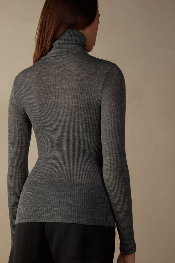 Apparel CA Intimissimi Women Long-sleeve High-Neck Tubular Top in Wool and Silk 7481-Aluminium Grey Blend DD6R6T1445