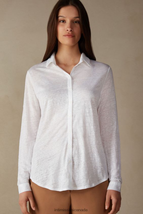Apparel CA Intimissimi Women Long-Sleeved Linen Shirt 001-White DD6R6T1312