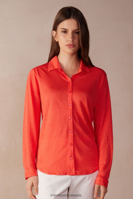 Apparel CA Intimissimi Women Long-Sleeved Linen Shirt 219J-Flame Scarlet DD6R6T1304