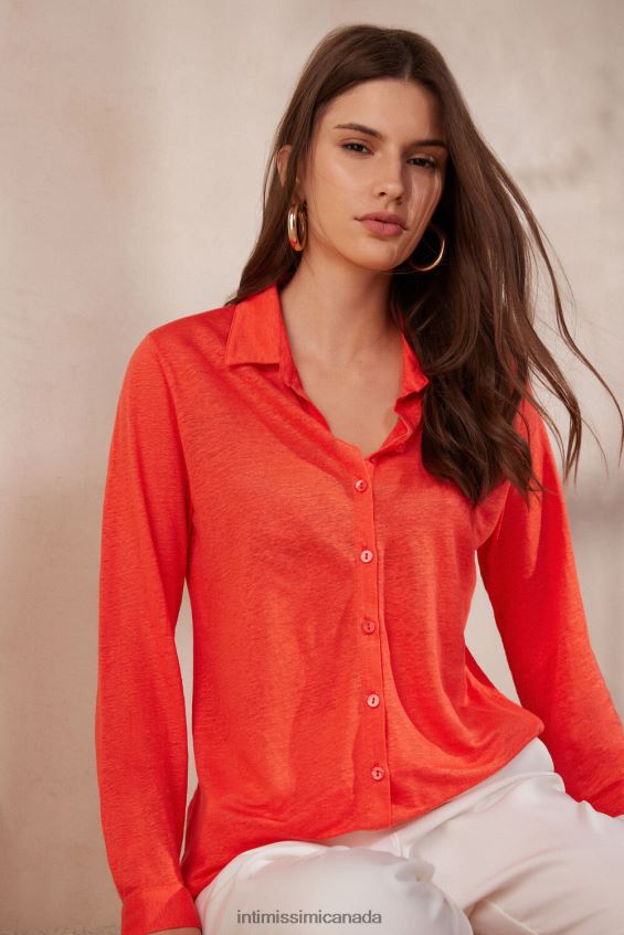 Apparel CA Intimissimi Women Long-Sleeved Linen Shirt 219J-Flame Scarlet DD6R6T1304