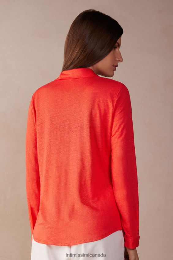 Apparel CA Intimissimi Women Long-Sleeved Linen Shirt 219J-Flame Scarlet DD6R6T1304