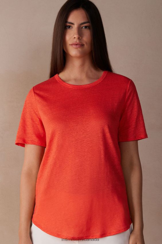 Apparel CA Intimissimi Women Linen Short-Sleeved Shirt 219J-Flame Scarlet DD6R6T1305